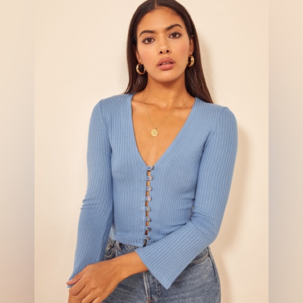Reformation Blue Ribbed Button-Front V-Neck Sweater